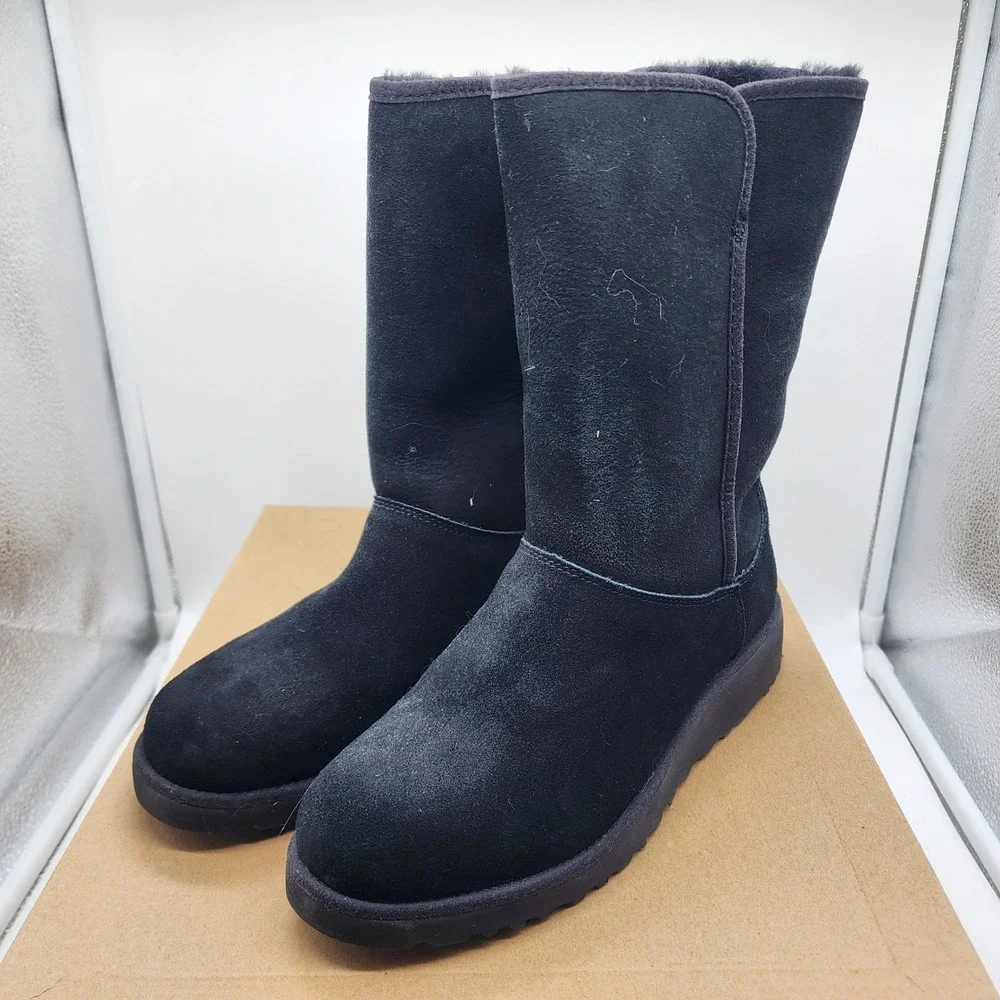 UGG Amie Classic Slim Boots Women 7.5 Black Suede Sheepskin Wedge Treadlite